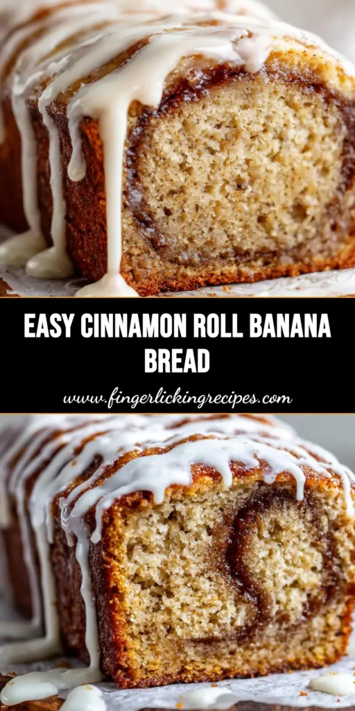Close up view of sliced Cinnamon Roll Banana Bread on parchment paper, showing a dark brown sticky cinnamon swirl and thick white vanilla icing glaze.