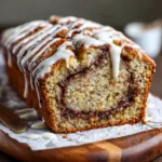 A thick slice of moist, golden brown baked Cinnamon Roll Banana Bread resting on a rustic wooden cutting board.