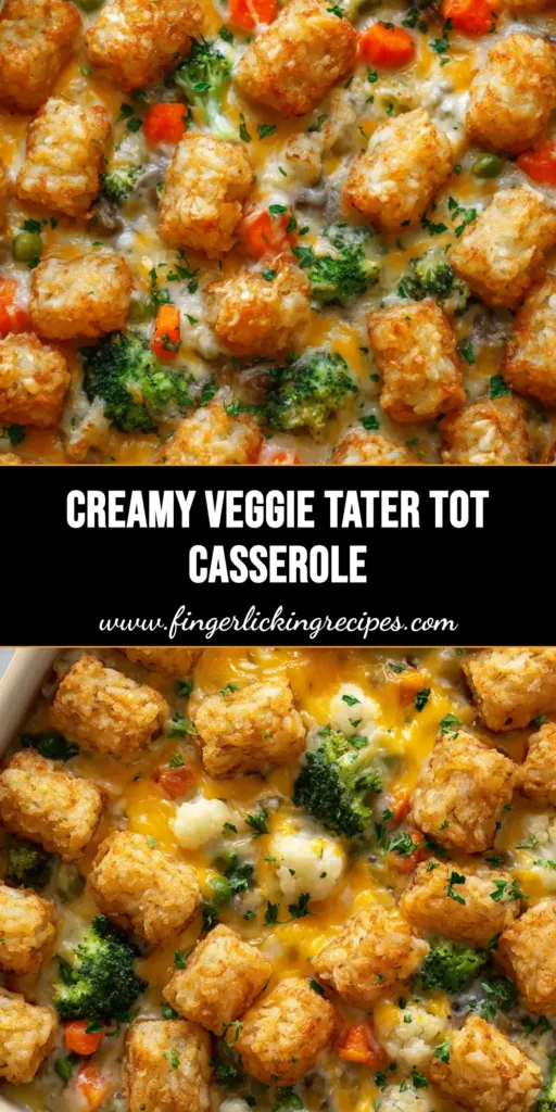 The Ultimate Cheesy Winter Vegetable Casserole 5 A freshly baked Winter Vegetable Casserole with tender broccoli, cauliflower, and carrots in a thick, creamy yellow cheddar mushroom sauce, topped with crispy golden tater tots and parsley.