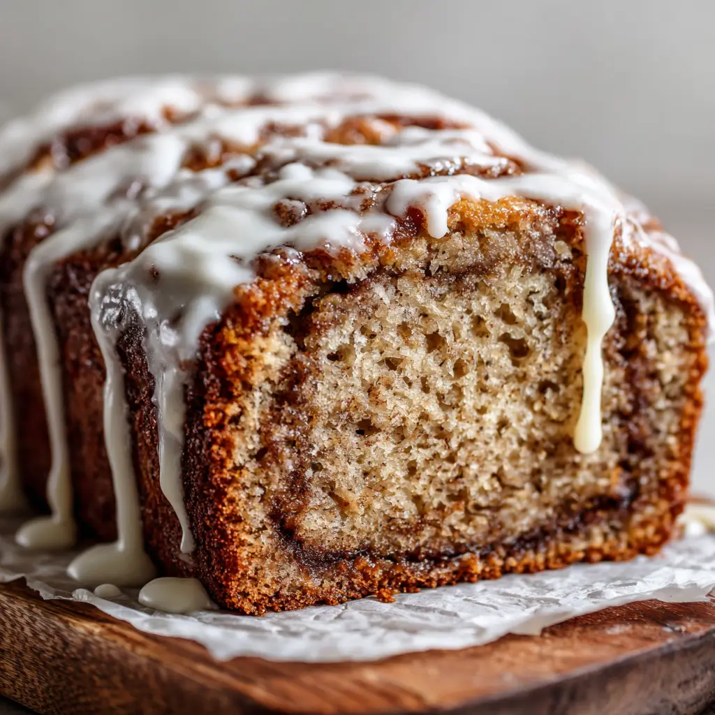 Bright white vanilla icing glaze dripping down the sides of a golden-brown baked Cinnamon Roll Banana Bread loaf.