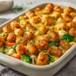 Close-up of crispy golden-brown tater tots glistening with oil atop a bubbling cheddar and mushroom vegetable bake.