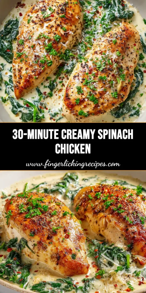 Two golden-brown chicken breasts in a shallow white skillet, smothered in thick off-white garlic cream sauce with wilted dark green spinach and parmesan.