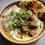 Close-up of thick golden-brown spiced coconut curry sauce with tender lamb chunks and crushed green cardamom pods in a ceramic bowl.
