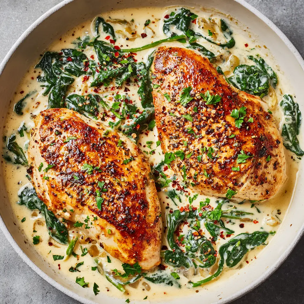 Close-up of bubbling thick off-white garlic cream sauce with wilted dark green spinach leaves and melted parmesan.
