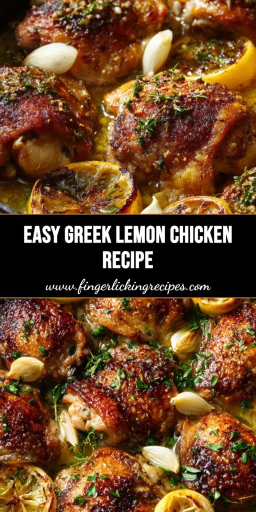 A dark round baking dish filled with Greek Lemon Chicken, featuring crispy golden thighs, caramelized lemon slices, whole roasted garlic, and fresh green oregano. (Greek Lemon Chicken)