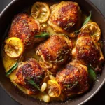 Close-up of golden brown bone-in chicken thighs surrounded by translucent pan juices, caramelized lemons, and whole roasted garlic cloves. (Greek Lemon Chicken)