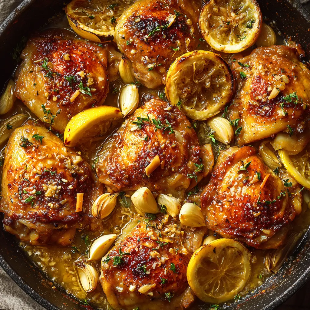 Detailed macro shot showing translucent lemon-garlic pan juices glistening beneath roasted chicken skin and green oregano leaves.