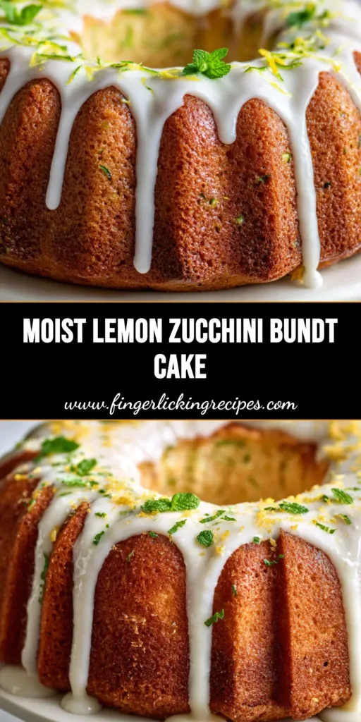 A fully baked Lemon Zucchini Bundt Cake on a white ceramic stand, featuring a thick white glaze, yellow lemon zest, and green mint leaves.