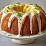 Close-up of a Lemon Zucchini Bundt Cake showing a golden-brown crust, pale yellow interior, and green zucchini flecks.