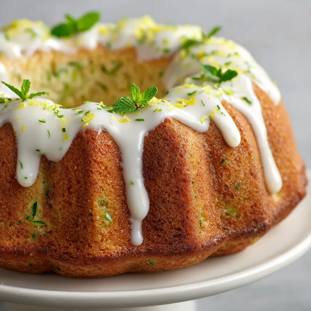 Thick opaque white icing dripping down the ribbed, fluted sides of a freshly baked Lemon Zucchini Bundt Cake.