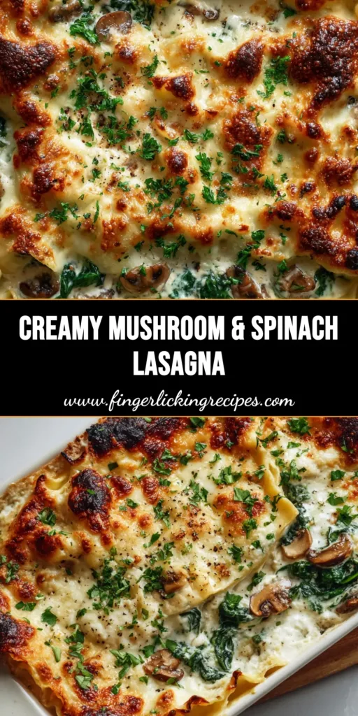 Creamy & Comforting Mushroom and Spinach Lasagna 5 A freshly baked mushroom and spinach lasagna in a white rectangular casserole dish with a bubbly golden-brown cheese crust.
