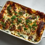 Cross-section of mushroom and spinach lasagna showing ruffled noodles, thick creamy white ricotta, and wilted dark green spinach.
