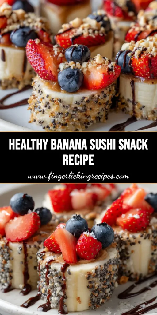 A close up view of Banana sushi rolls arranged beautifully on a plate with fresh berries and dark chocolate drizzle.