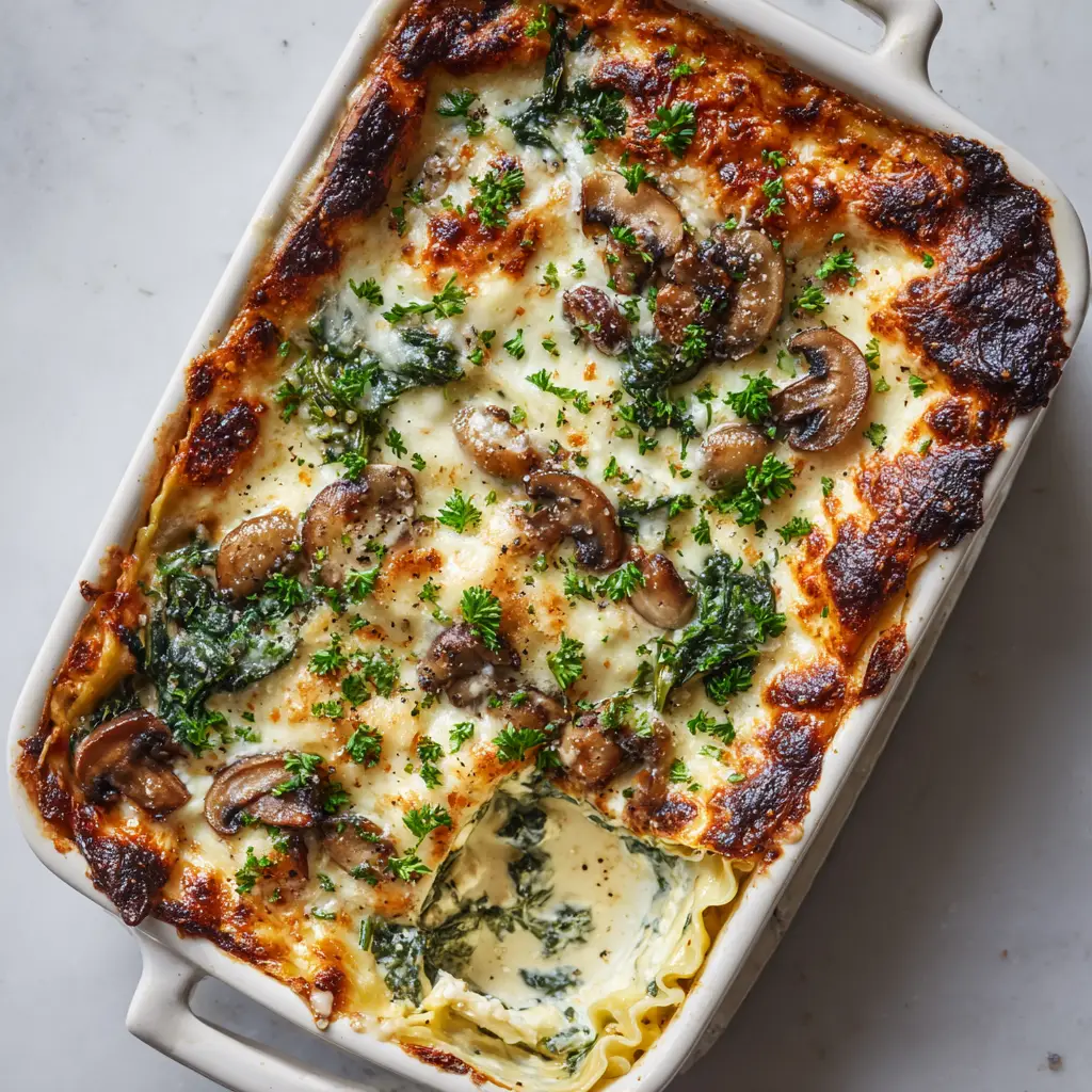 Creamy & Comforting Mushroom and Spinach Lasagna 2 High-angle view of a bubbly golden-brown melted mozzarella and parmesan cheese crust garnished with fresh parsley.