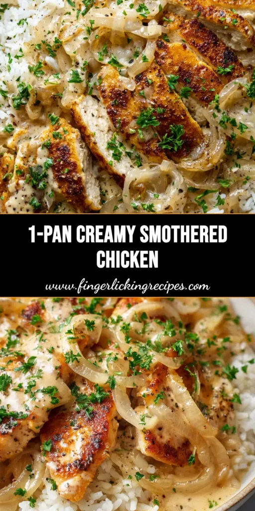 A rustic skillet showcasing Creamy Smothered Chicken and Rice, featuring golden-brown seared cutlets and thick onion gravy.