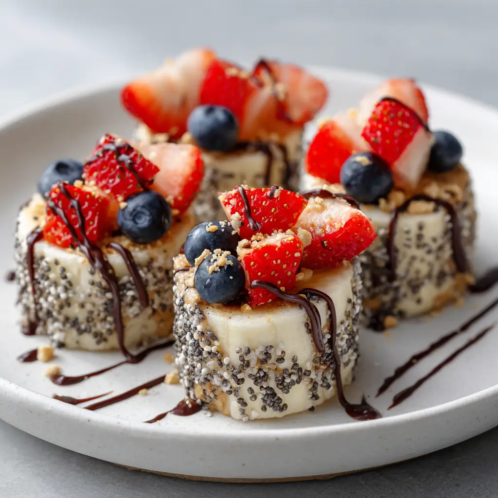Overhead shot of Banana sushi topped with diced strawberries, tiny blueberries, and dark chocolate zigzags.