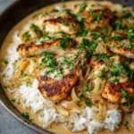 Close-up of fluffy cooked white rice topped with tender chicken smothered in a creamy beige onion sauce, garnished with parsley.