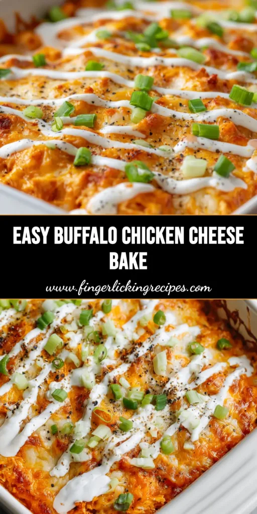 A fresh Buffalo Chicken Cheese Bake in a white ceramic dish, topped with bubbling cheeses, a ranch zigzag, and green onions.