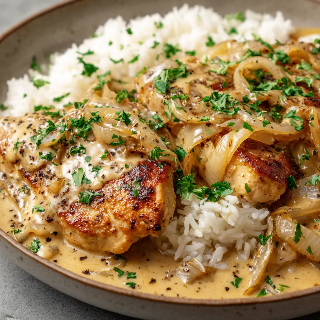 A spoonful of golden-brown chicken and rich beige onion sauce over a bed of white rice with coarse black pepper.