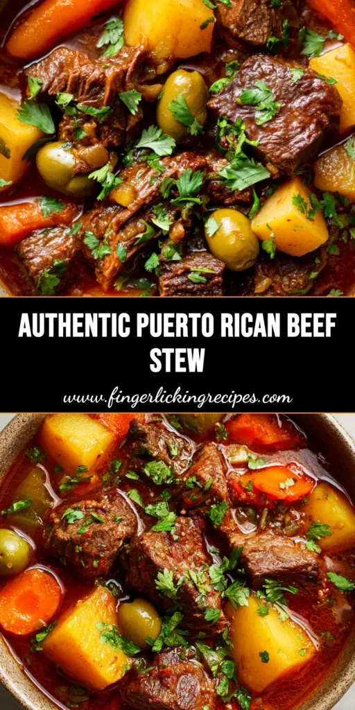 A rustic ceramic bowl filled with hearty Puerto Rican Beef Stew, featuring tender beef chunks, yellow potatoes, orange carrots, and green olives in a dark reddish-brown tomato broth, garnished with fresh cilantro.