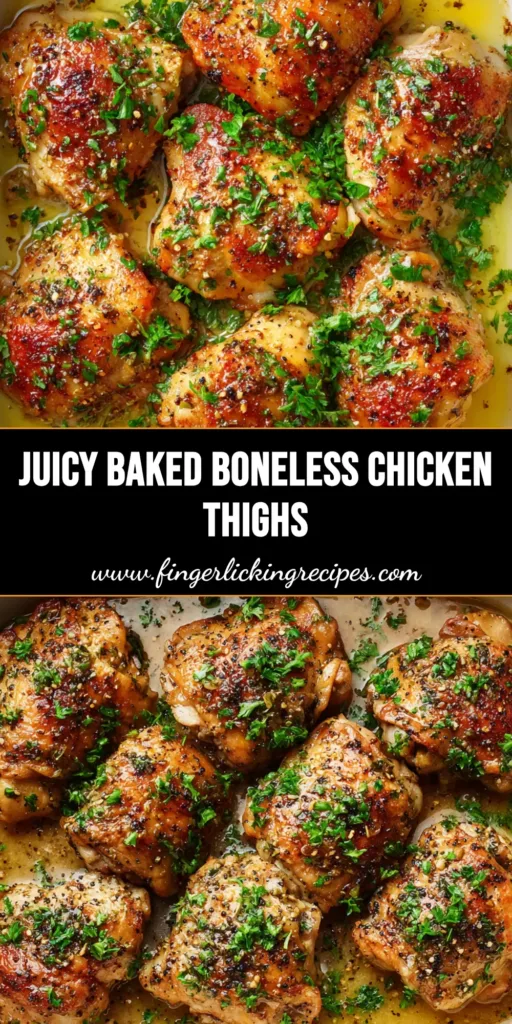 Golden-brown baked boneless skinless chicken thighs resting in savory pan juices with fresh parsley.