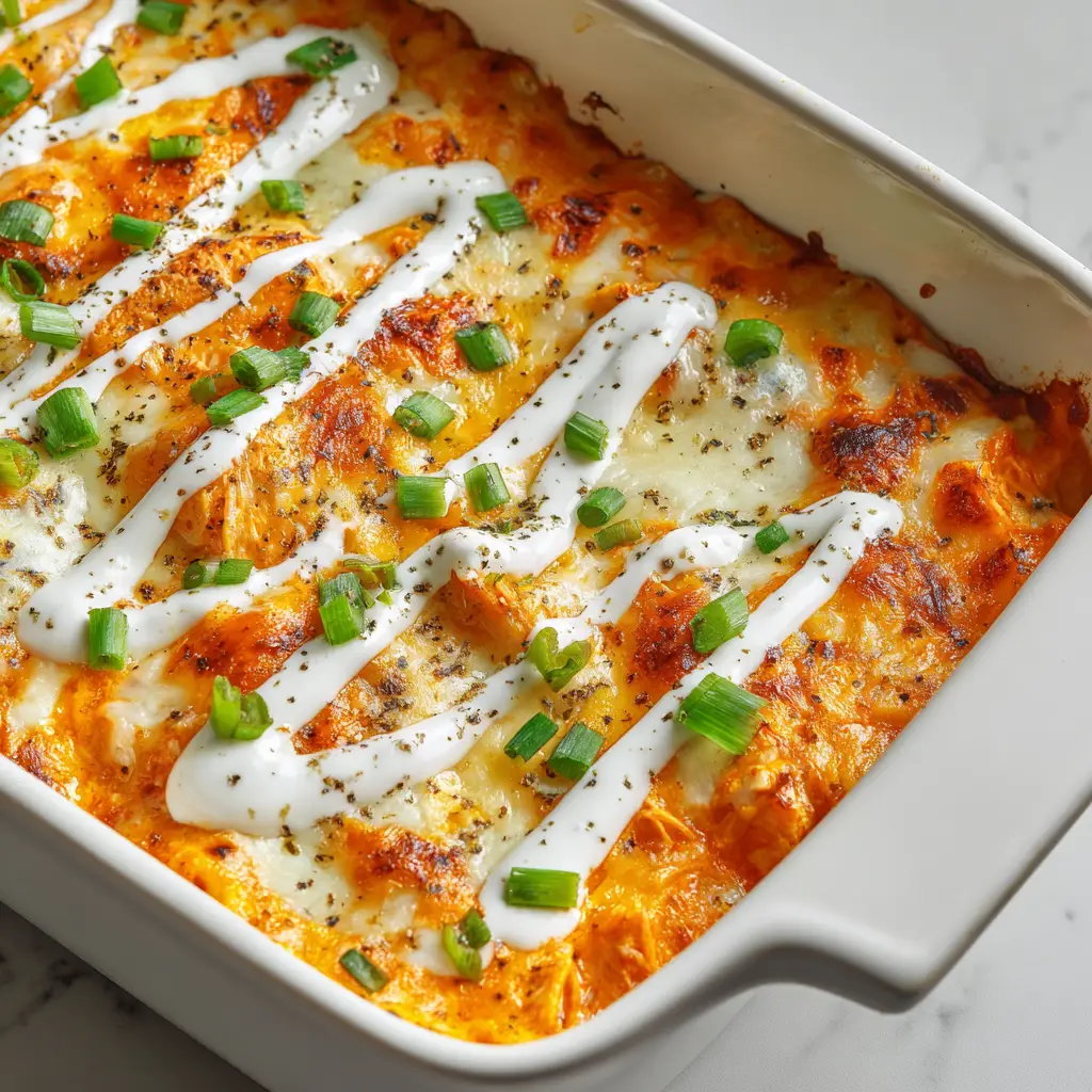 A close up of Buffalo Chicken Cheese Bake with a vibrant white drizzle of ranch dressing creating a zigzag pattern.