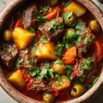 Close-up top-down view of tender browned beef chunks, cubed yellow potatoes, and sliced carrots in a thick glossy reddish-brown tomato broth for Puerto Rican Beef Stew.