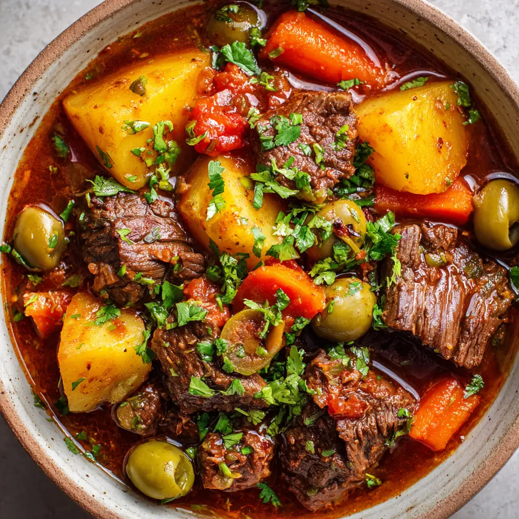 A rustic bowl of authentic Puerto Rican Beef Stew topped with fresh chopped green cilantro and filled with pimento-stuffed olives.