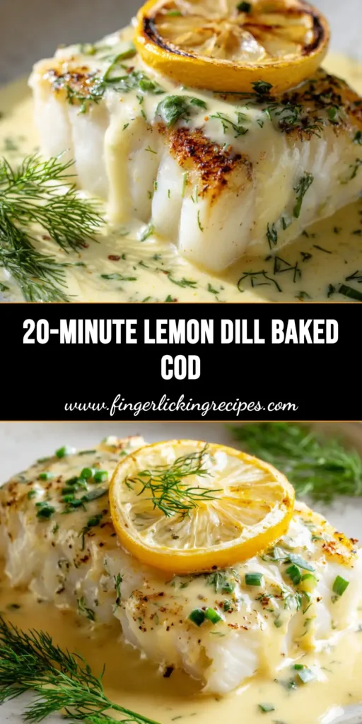 A close up shot of a perfectly baked flaky white cod fillet coated in a creamy pale yellow lemon dill sauce, topped with chopped dill and a caramelized lemon wheel.