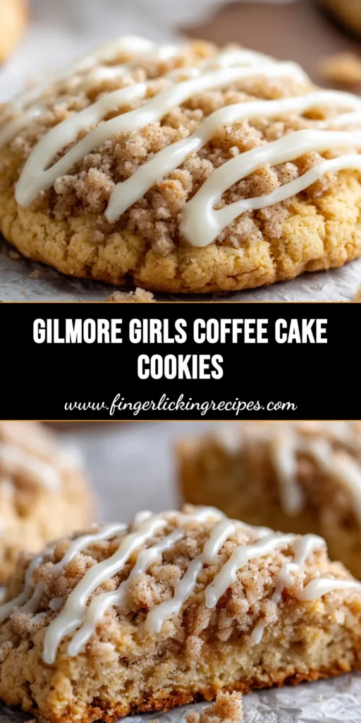A close up of thick Coffee Cake Cookies on parchment paper topped with buttery streusel and white vanilla icing.
