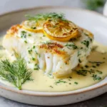 Baked cod fillet with golden roasted edges resting on a simple white ceramic plate with a creamy lemon dill sauce.