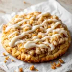 Thick soft baked pale golden Coffee Cake Cookies resting on a rustic wooden surface with cinnamon streusel.