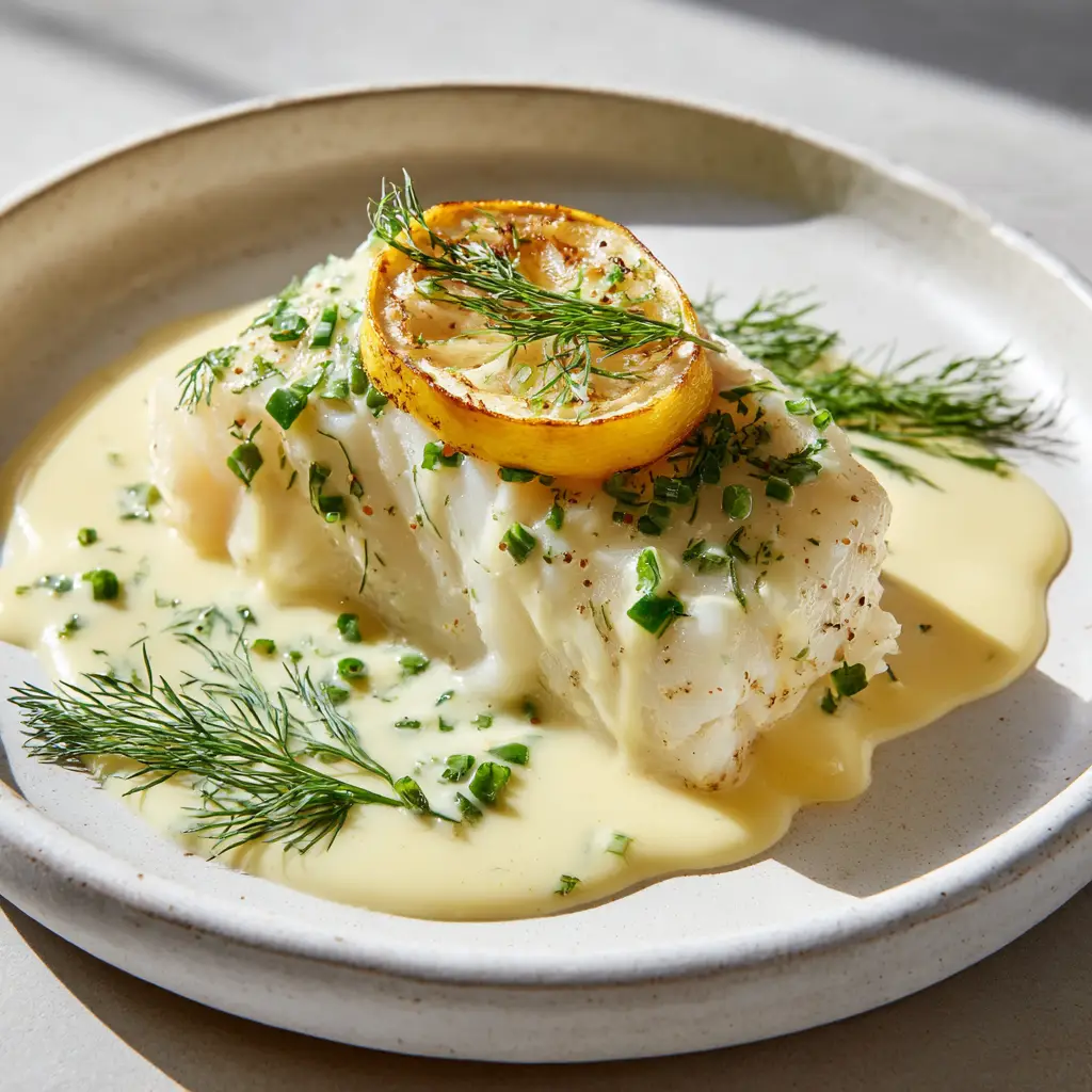 Creamy pale yellow lemon dill sauce dripping slightly down the sides of the fish, garnished with a sprig of fresh dill.