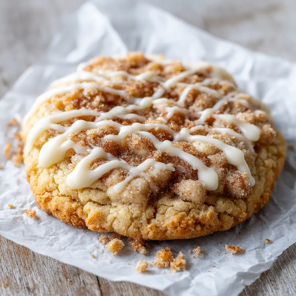 Close up shot showing a delicate zigzag drizzle of opaque white vanilla icing crossing over crumbly Coffee Cake Cookies.