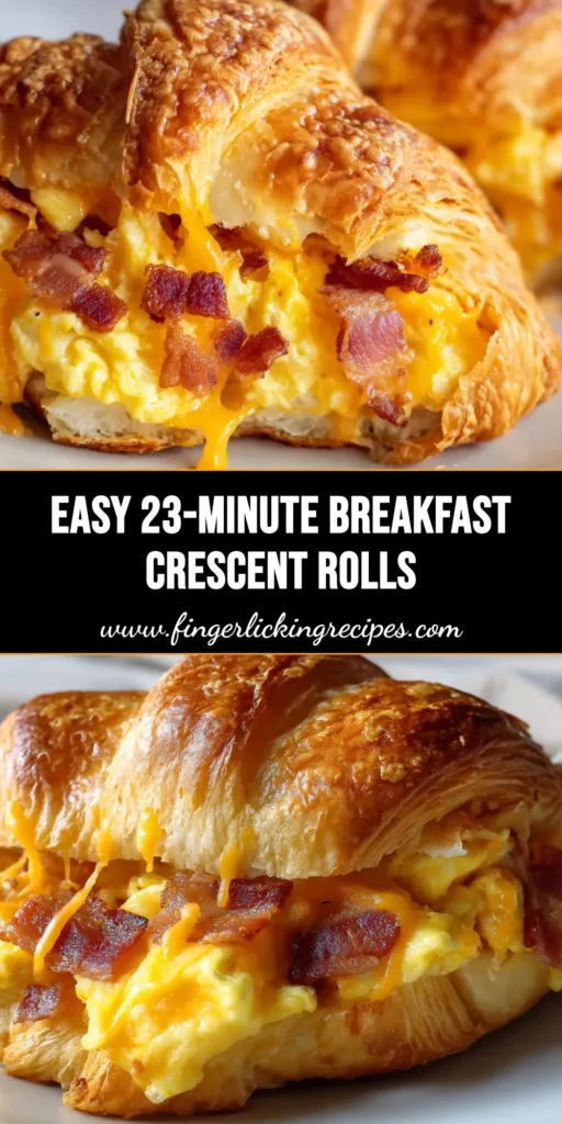 A close-up of freshly baked Breakfast Crescent Rolls resting on a white ceramic plate, oozing melted orange cheddar cheese and stuffed with eggs and bacon.