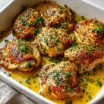 A rectangular ceramic baking dish tightly packed with golden-brown baked boneless chicken thighs and fresh green parsley.