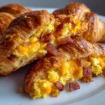 A freshly baked, flaky golden-brown Breakfast Crescent Roll, stuffed with fluffy yellow scrambled eggs and oozing cheese.