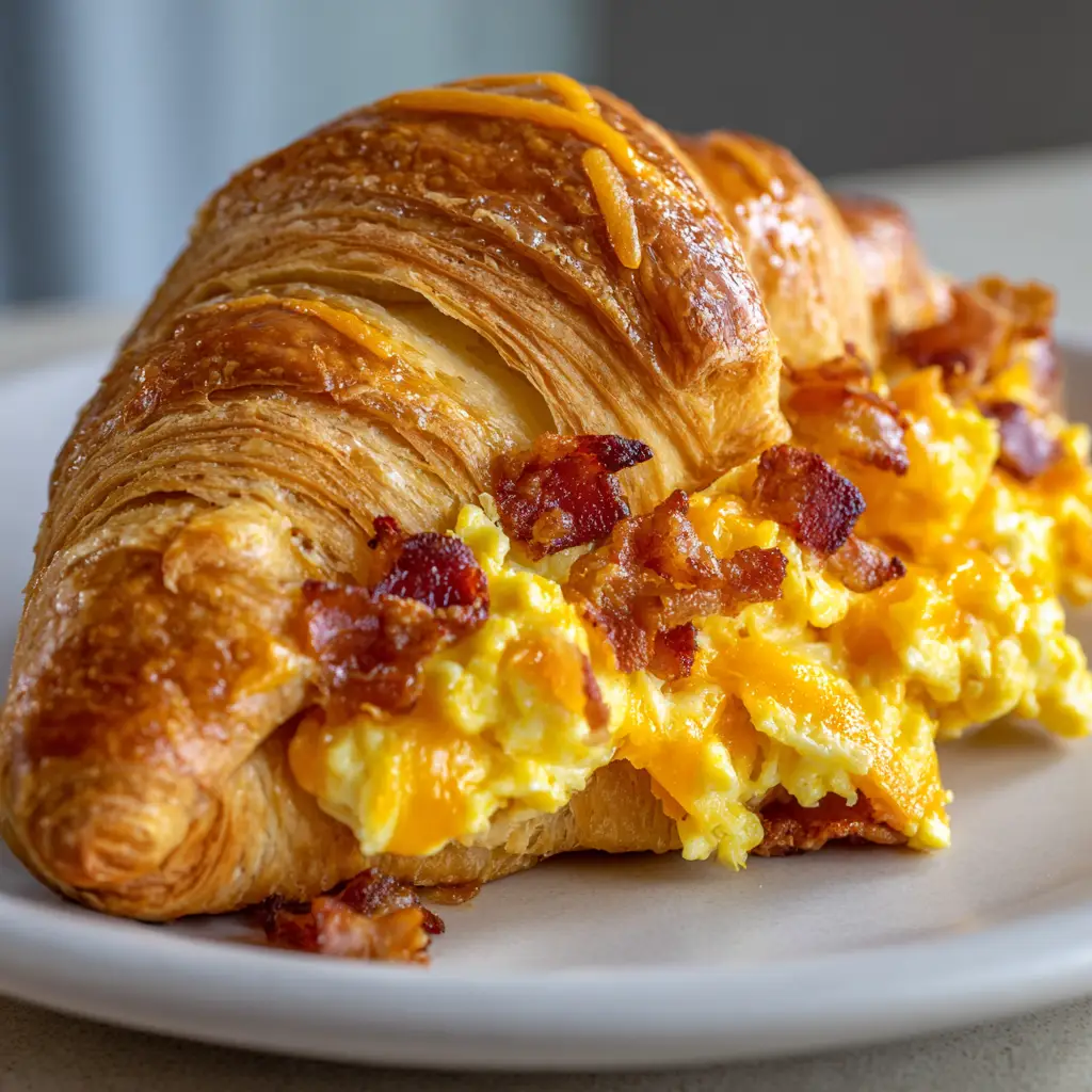 Handheld photo of a delicious golden-brown crescent roll loaded with crispy bacon and melted orange cheddar cheese.