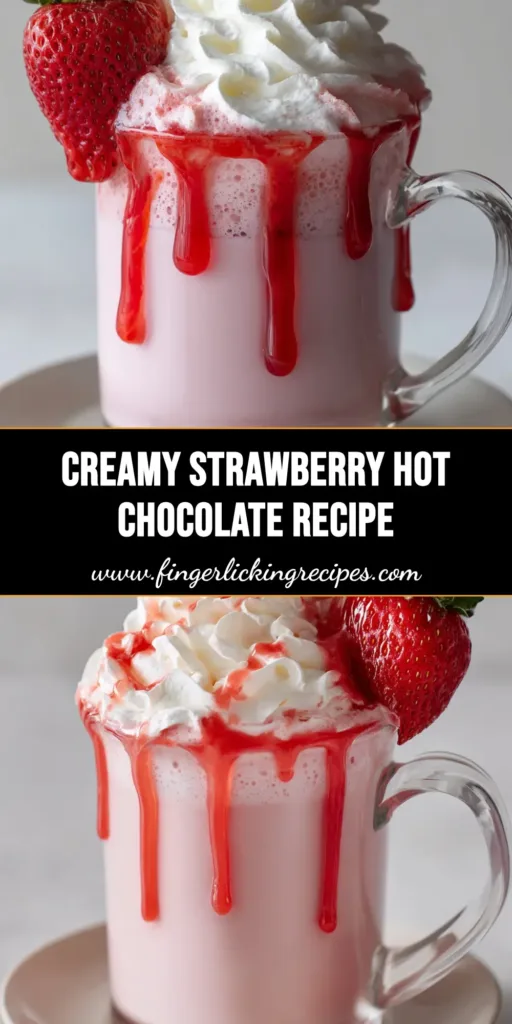 A clear glass mug filled with steaming, creamy pastel pink Strawberry Hot Chocolate, topped with a tall whipped cream swirl, thick red syrup, and a halved fresh strawberry.