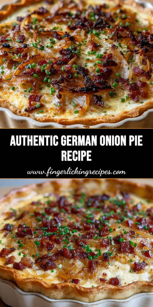 A rustic savory German onion pie in a round ceramic tart pan with flaky crust, creamy custard, caramelized onions, crispy bacon, caraway seeds, and chives.