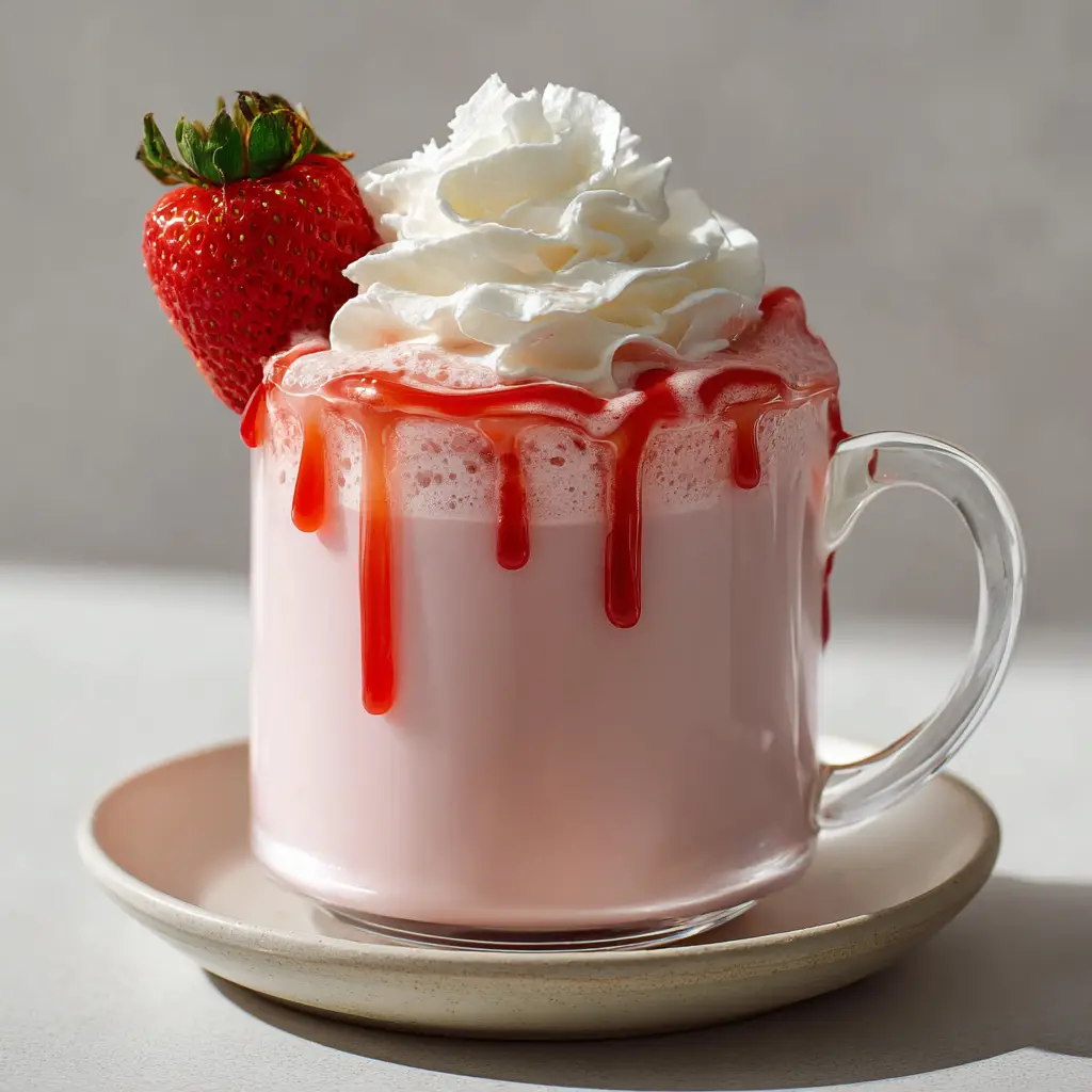 A close up of tall stiff whipped cream garnished with a cascading bright red strawberry syrup drizzle and a halved fresh strawberry.