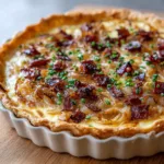 Close up of a freshly baked German Onion Pie showing a golden blistered custard and crispy dark red-brown diced smoky bacon bits.
