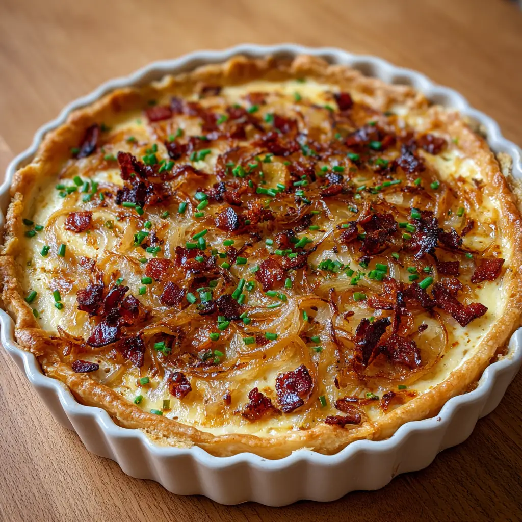 Overhead view of a savory Zwiebelkuchen tart garnished with vibrant green chives and tiny brown caraway seeds on a wooden table.