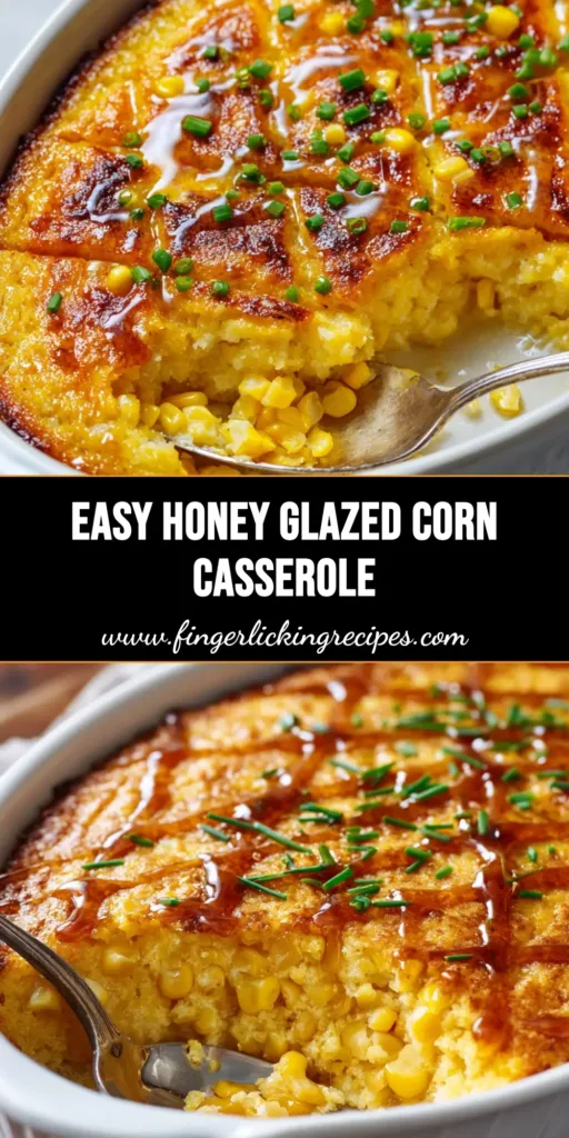A close-up of freshly baked honey-glazed corn casserole with a criss-cross honey drizzle and scattered green chives.