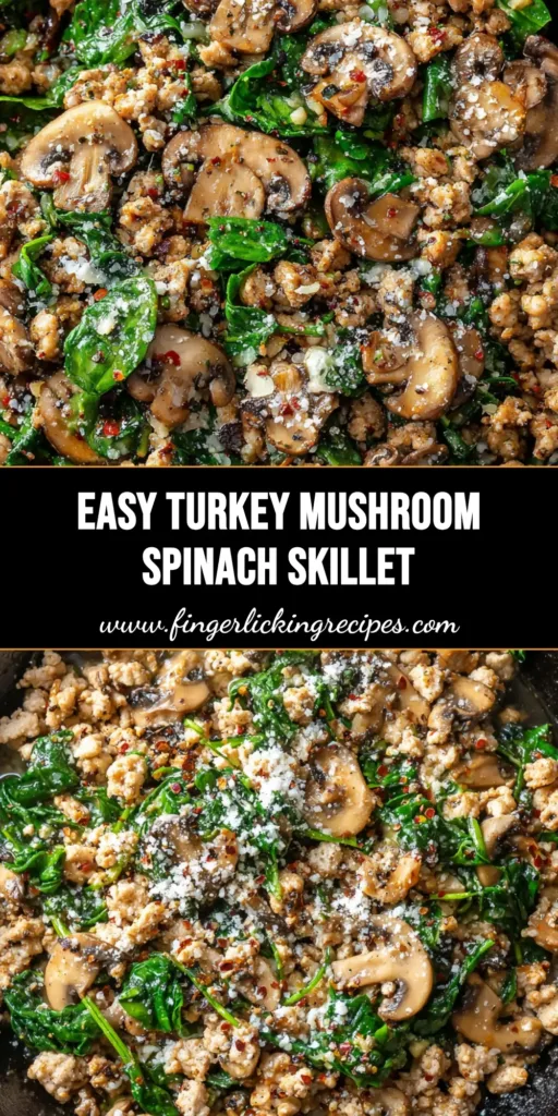 A close-up, top-down view of a Turkey Spinach Mushroom Skillet in a cast iron pan, garnished with red pepper flakes and parmesan.