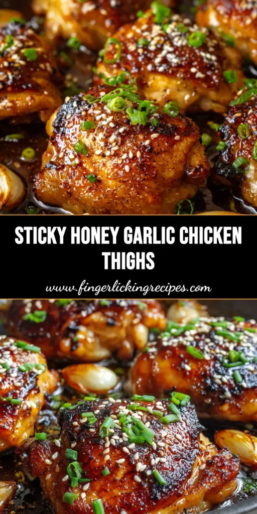 A close-up view of golden-brown pan-seared chicken thighs coated in a thick, sticky, glossy dark amber honey garlic sauce. The chicken has beautifully charred, caramelized edges and rests in a dark matte skillet.
