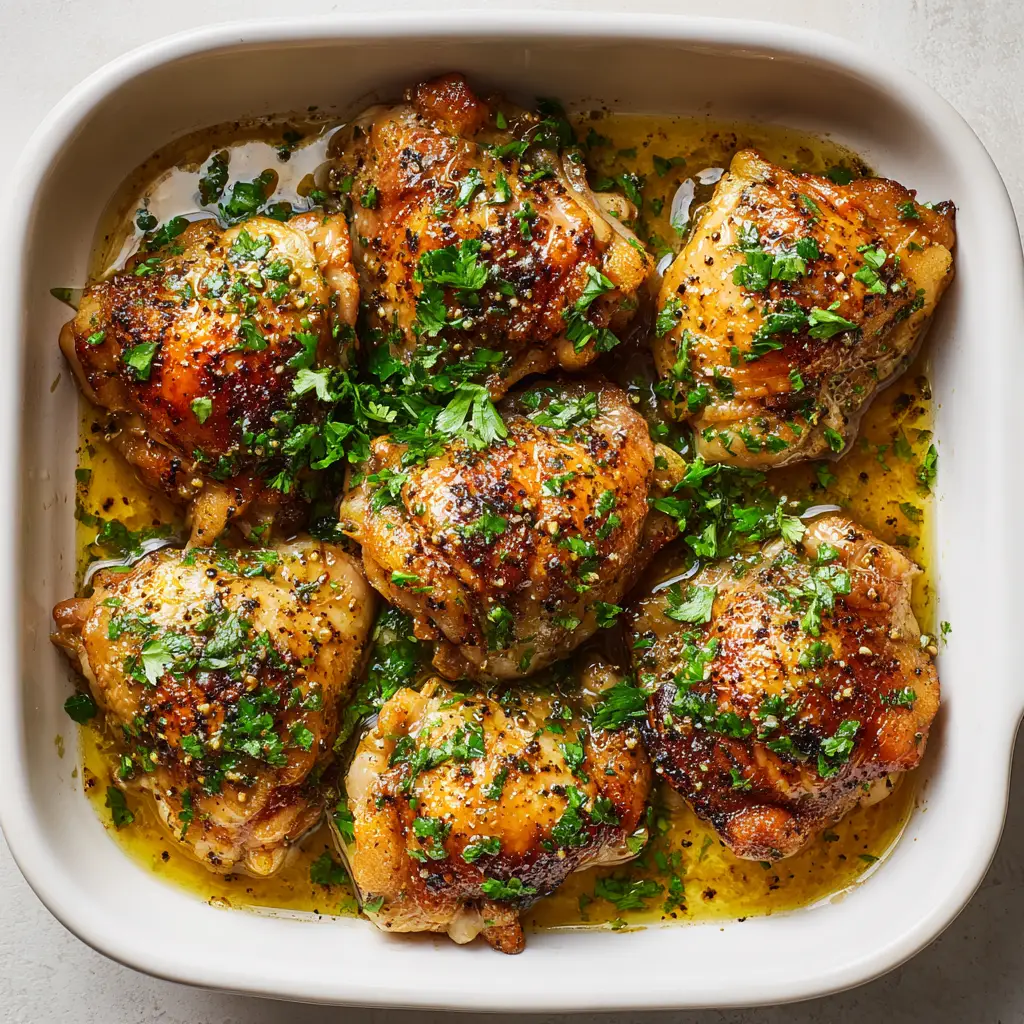 Close-up of crispy edges on baked boneless skinless chicken thighs sprinkled with cracked black pepper.