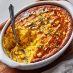 A silver serving spoon scooping into a moist, steaming honey glazed corn casserole in a white oval ceramic dish.