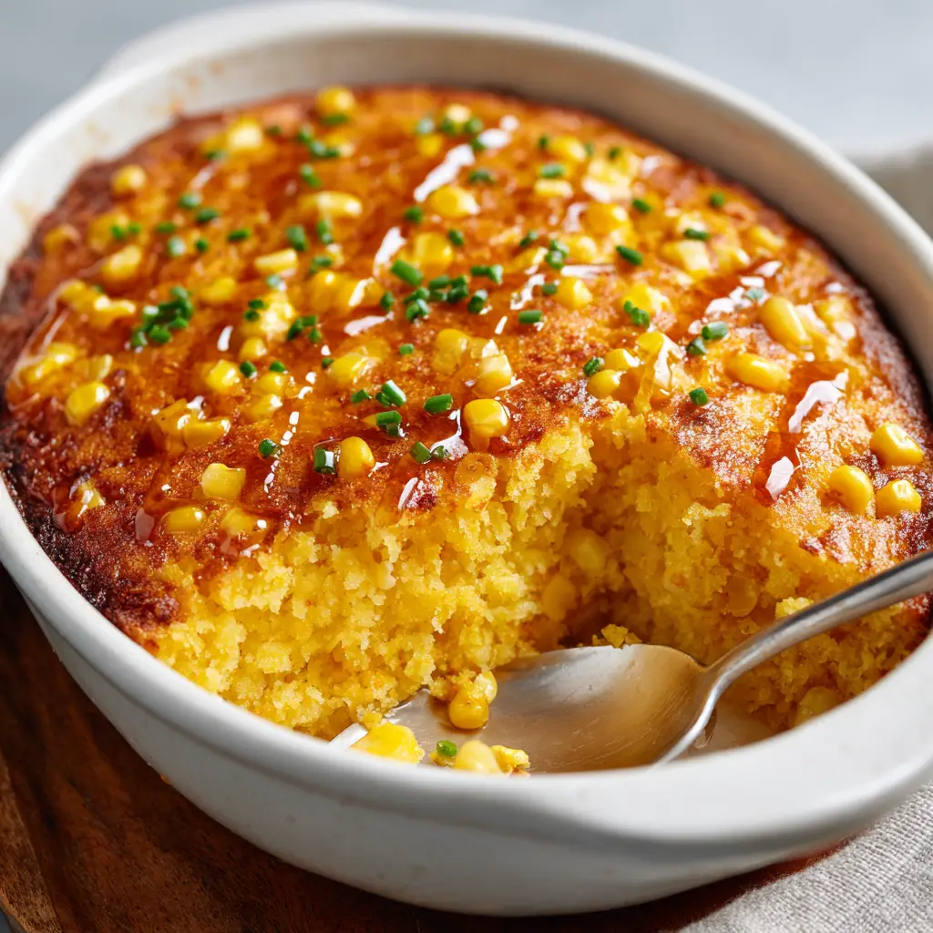 Close-up detail of golden-brown toasted edges on a corn casserole topped with glossy clear honey and tiny green chives.