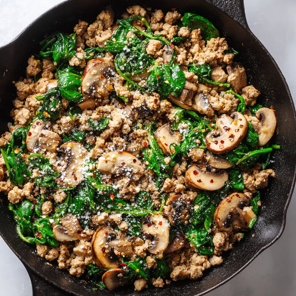 Bright green wilted spinach leaves mixed into a dark skillet filled with ground turkey, mushrooms, and glistening sauce.
